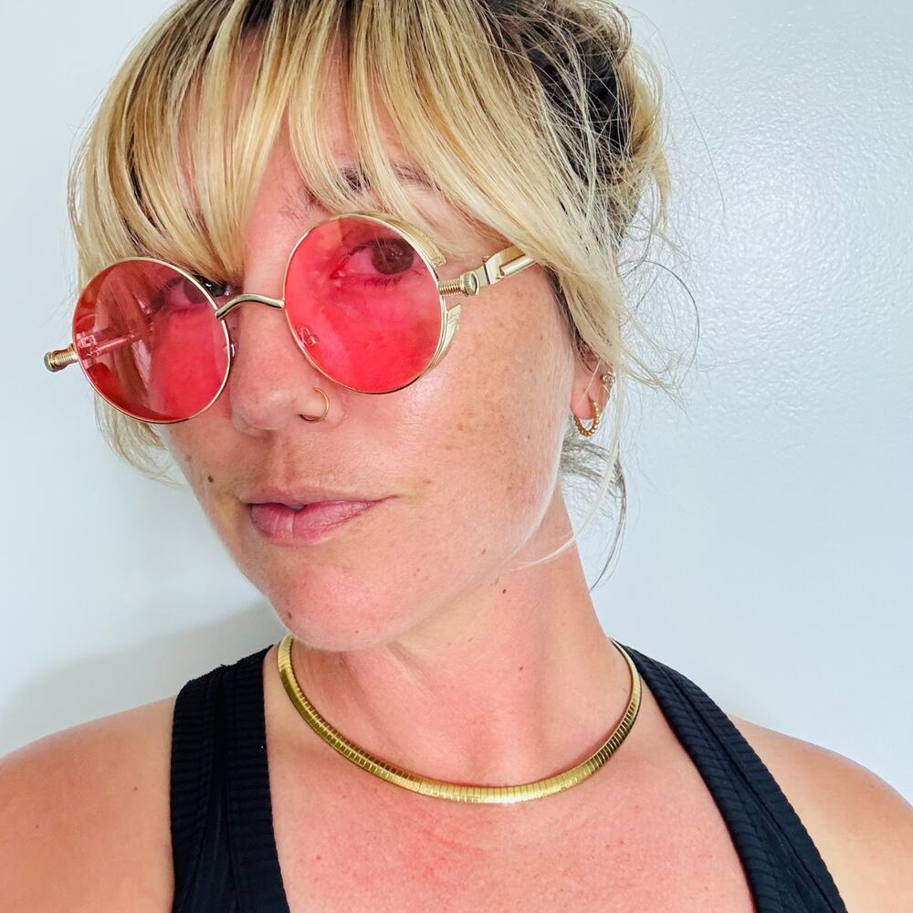 VINTAGE Y2K 90s Gold Metal Round Pink Rose Steampunk Sunglasses Unisex Sunnies